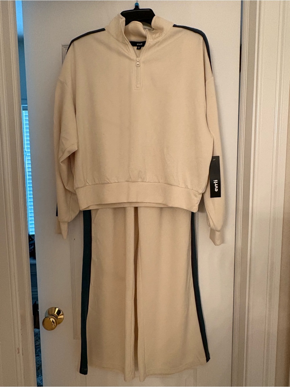 EVRI Cream Zip-Up Sweater and Pants set with Dark Side Stripes